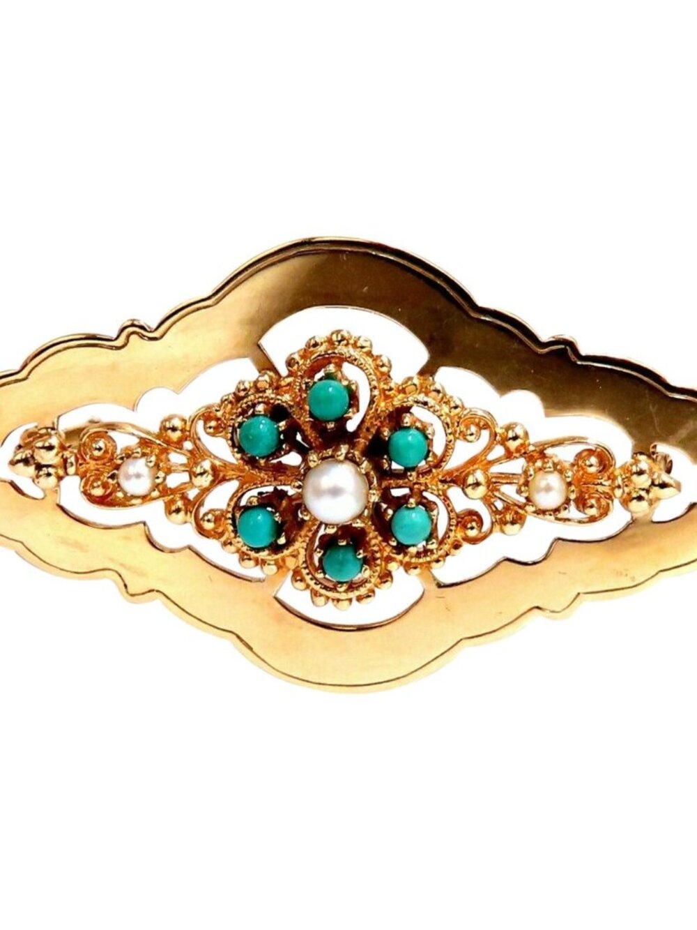 Natural Turquoise & Seed Pearl Open Gilt Etching Patterned Pin 14 Karat*
